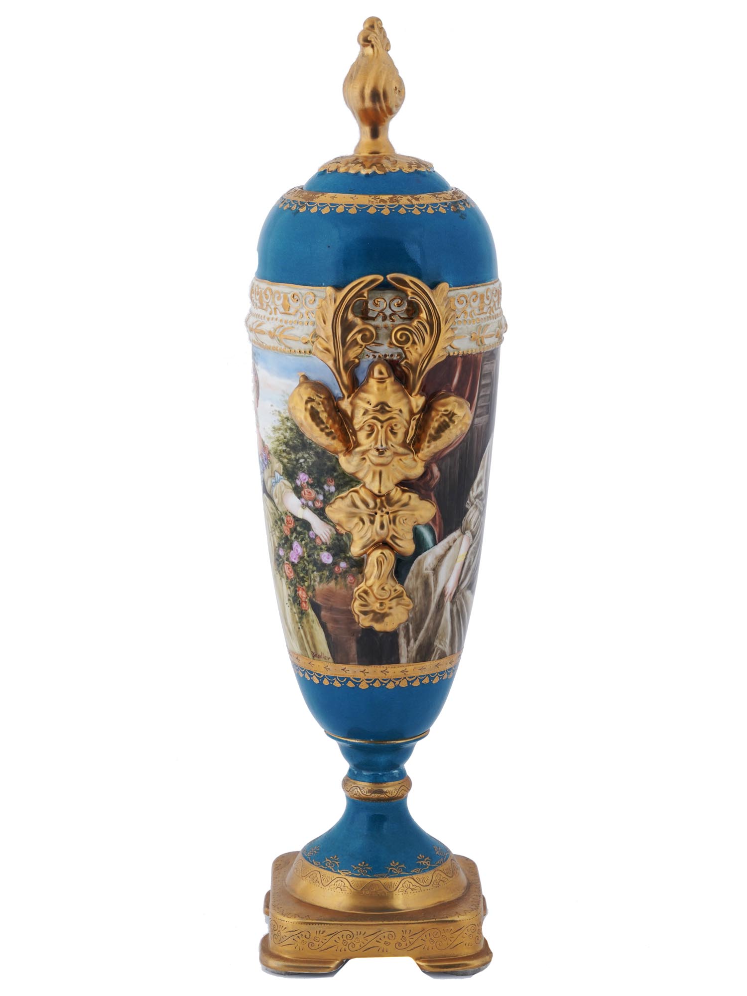 TALL FRENCH STYLE PORTRAITS GILT PORCELAIN VASE PIC-2